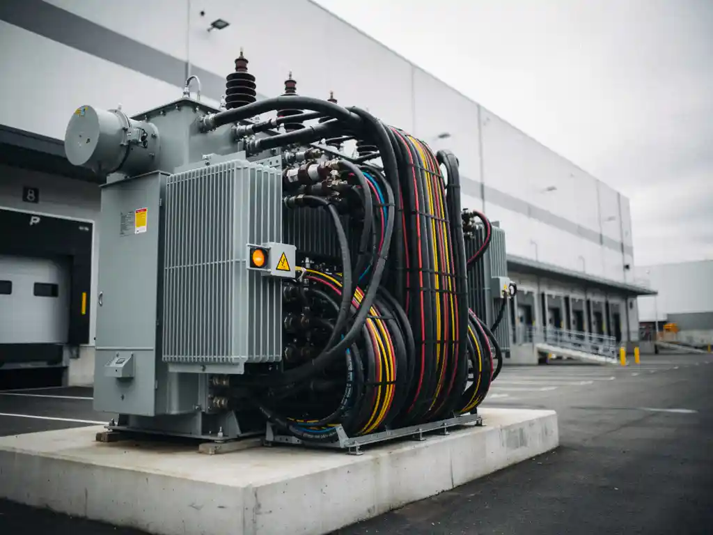 Industriële elektrische transformator met gespannen kabelsbundels buiten een moderne logistieke loods, bewolkte lucht.