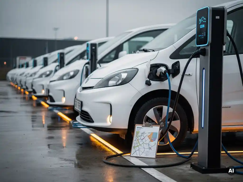 Witte elektrische bezorgbusjes opgeladen bij modern laadstation op logistiek terrein, routekaart op klembord tegen band.