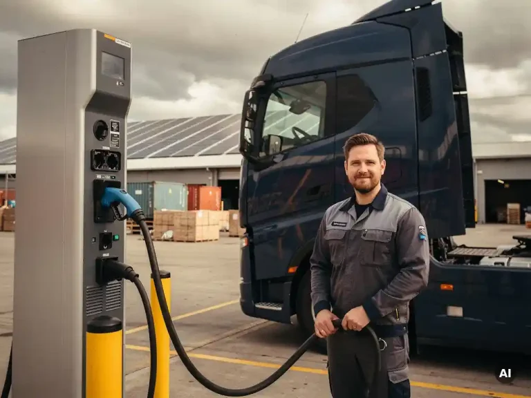 Vrachtwagenchauffeur naast elektrische vrachtwagen bij laadstation in logistiek centrum, zonnepanelen op magazijndak op achtergrond.