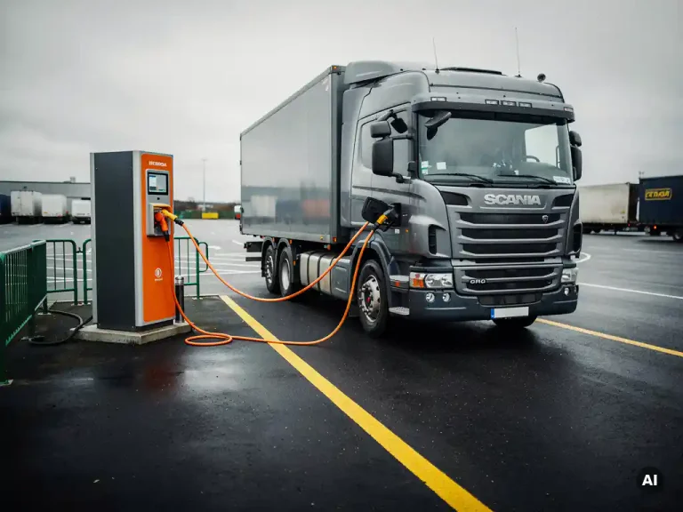 Elektrische vrachtwagen aangesloten op industrieel laadstation bij logistiek depot, dikke oranje laadkabel met veiligheidsslot, bewolkte lucht.