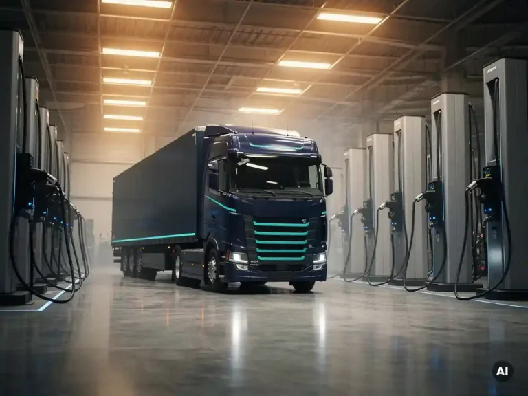 Elektrische vrachtwagen aangesloten op automatische laadarm in modern depot met blauwe laadstations en betonnen vloer.