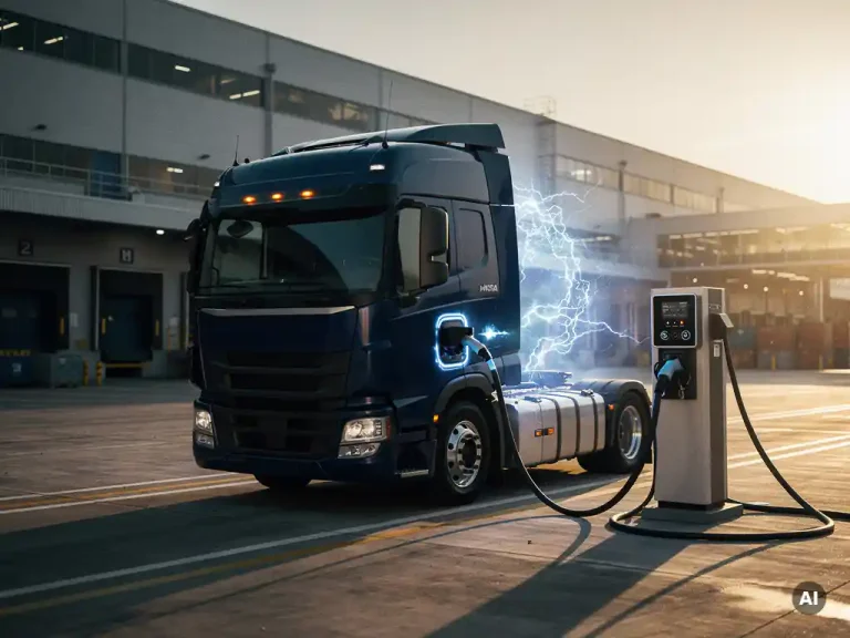 Elektrische vrachtwagen aangesloten op industrieel laadstation bij logistiek hub, met fabriek op achtergrond in gouden middaglicht.