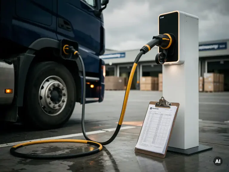 Elektrische vrachtwagen aangesloten op wit laadstation bij logistiek depot, klembord met routepapieren tegen de lader.