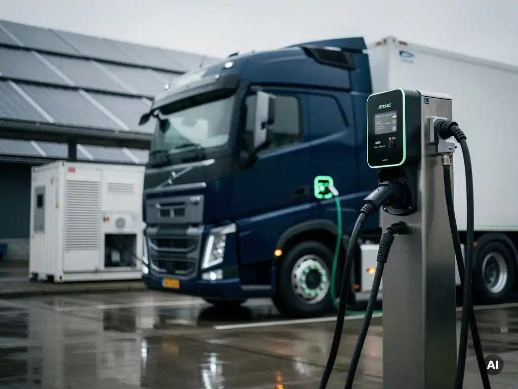 Elektrische vrachtwagen aangesloten op laadstation bij Nederlands logistiek depot met zonnepanelen op het dak en batterijopslag.