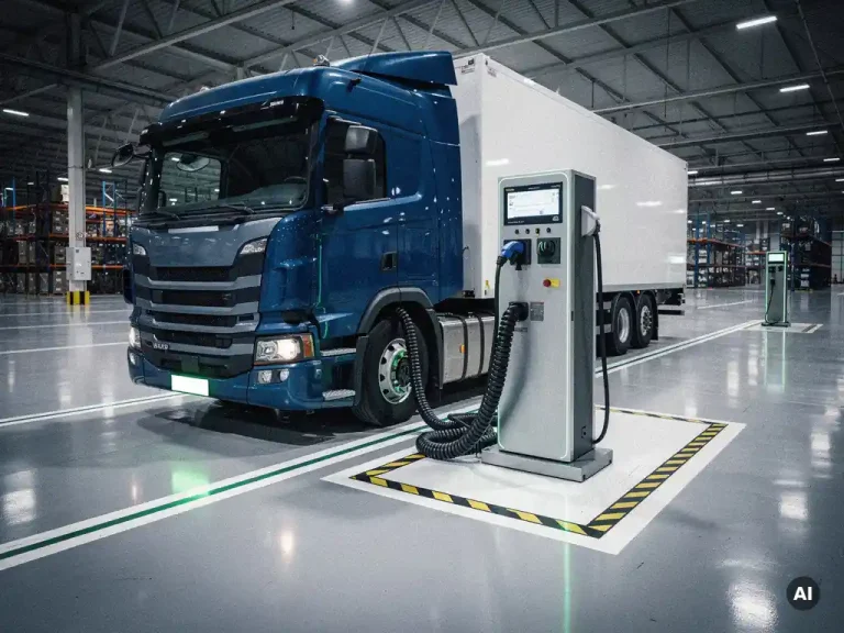 Elektrische vrachtwagen aangesloten op industrieel laadstation in logistiek depot met veiligheidsmarkeringen op betonnen vloer.