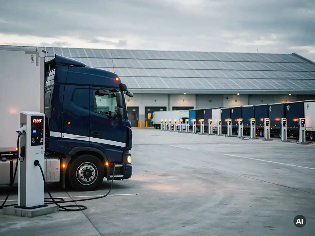 Elektrische vrachtwagen aangesloten op laadstation in industrieel logistiek park, met zonnepanelen op magazijndak op de achtergrond.