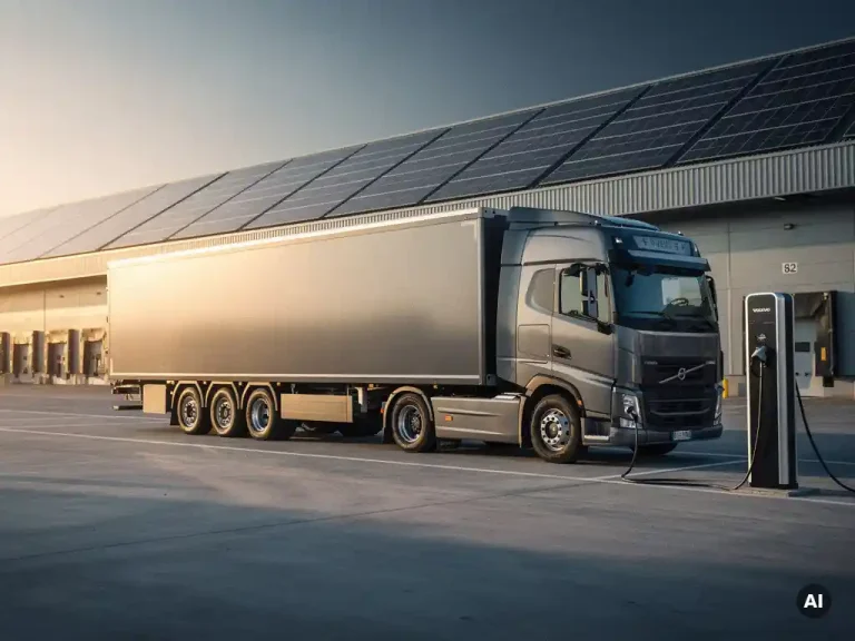 Elektrische vrachtwagen aangesloten op laadstation bij logistiek bedrijf, zonnepanelen op magazijndak op de achtergrond.