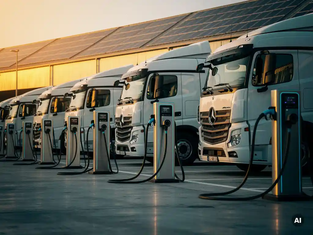 Elektrische vrachtwagens aangesloten op laadstations bij een logistiek depot tijdens het gouden uur, met zonnepanelen op het dak.