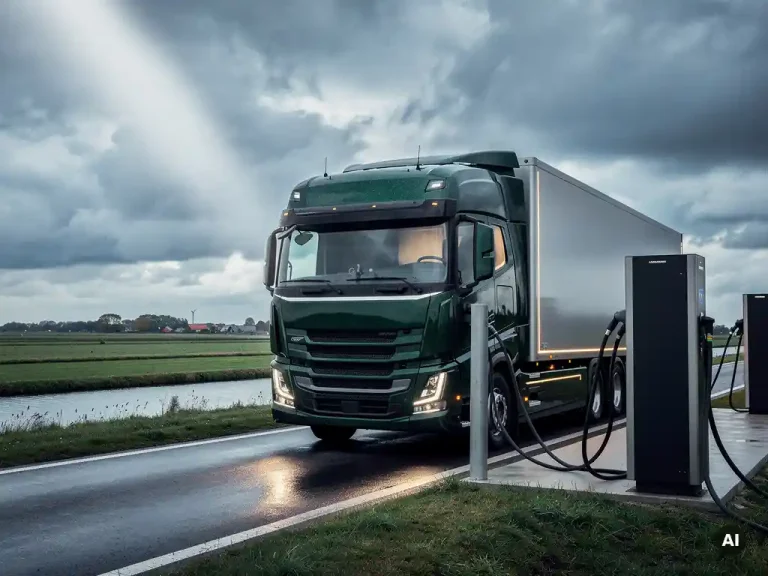 Elektrische vrachtwagen oplaadend bij snelweglaadstation in vlak Hollands polderlandschap onder bewolkte lucht.