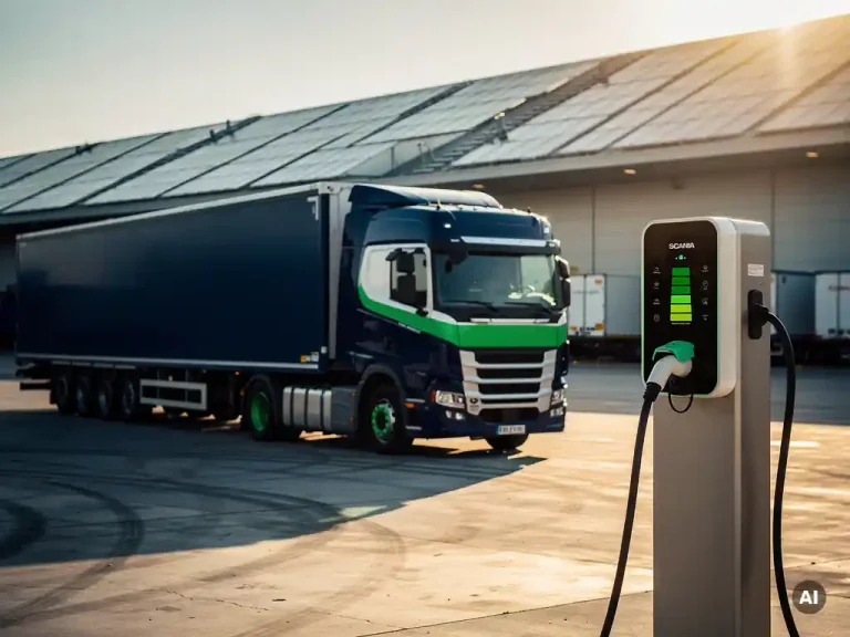Elektrische vrachtwagen opgeladen bij industrieel laadstation in logistiek terrein, zonnepanelen op magazijndak op achtergrond.