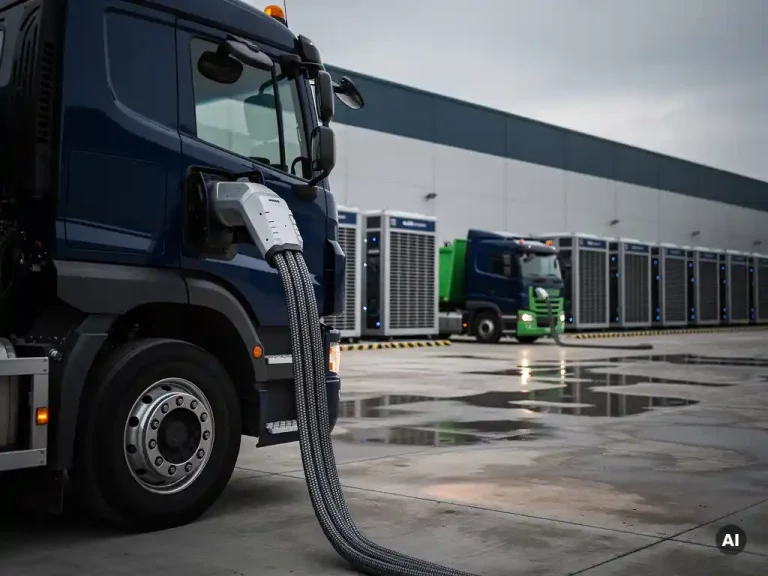 Elektrische vrachtwagen aangesloten op industriële snellaadkabel bij logistiek depot, met batterijopslag langs magazijnmuur.