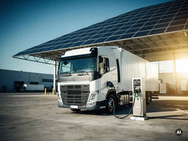 Elektrische vrachtwagen laadt op bij industrieel logistiek centrum onder groot zonnepanelendak in felle middagzon.