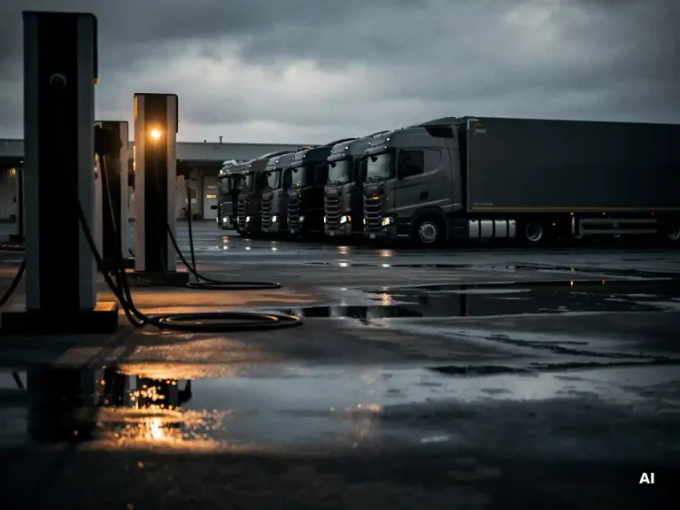 Elektrische vrachtwagens geparkeerd bij een logistiek depot met losse laadkabels en een amber waarschuwingslicht op nat asfalt.