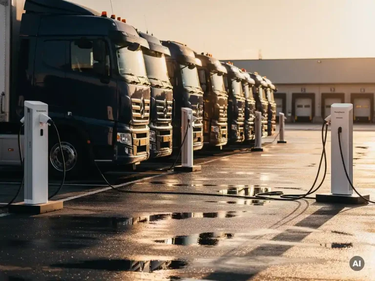 Elektrische vrachtwagens aan witte laadstations bij een logistiek depot tijdens het gouden uur, natte asfalt reflecties op de voorgrond.