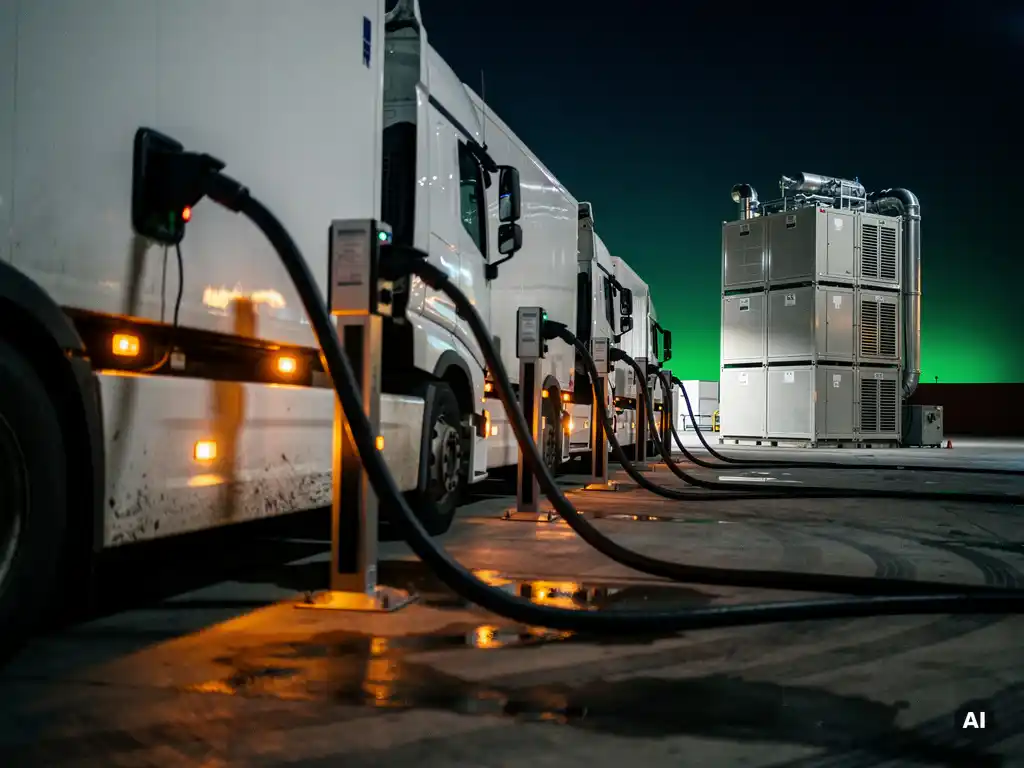 Elektrische vrachttrucks opladen bij industriële laadstations in een logistiek terrein bij schemering, met een batterijopslag op de achtergrond.