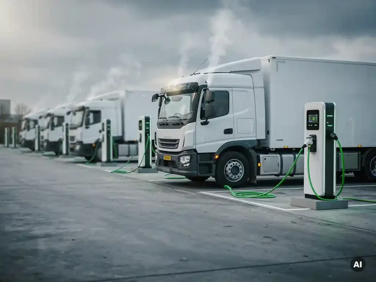 Witte elektrische vrachtwagens opladen bij industriële laadstations op een logistiek terrein onder bewolkte Nederlandse lucht.