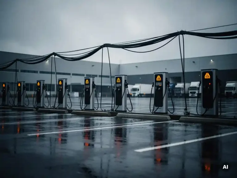 Elektrische laadpalen staan buiten gebruik op een regennat logistiek bedrijfsterrein, met oranje waarschuwingsindicatoren en zware stroomkabels tegen een bewolkte lucht.