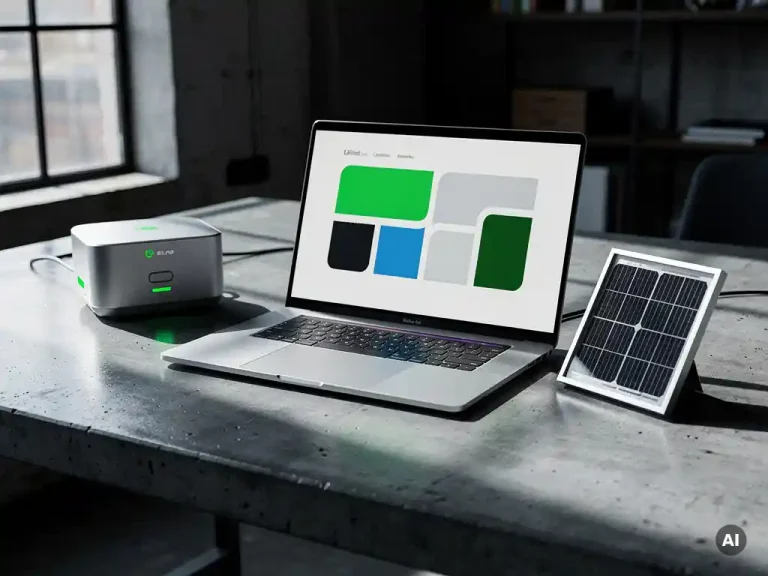 Laptop op betonnen bureau toont EV-laadstation dashboard, omringd door miniatuur laadpaal en zonnepaneel in zilver en elektrisch groen.