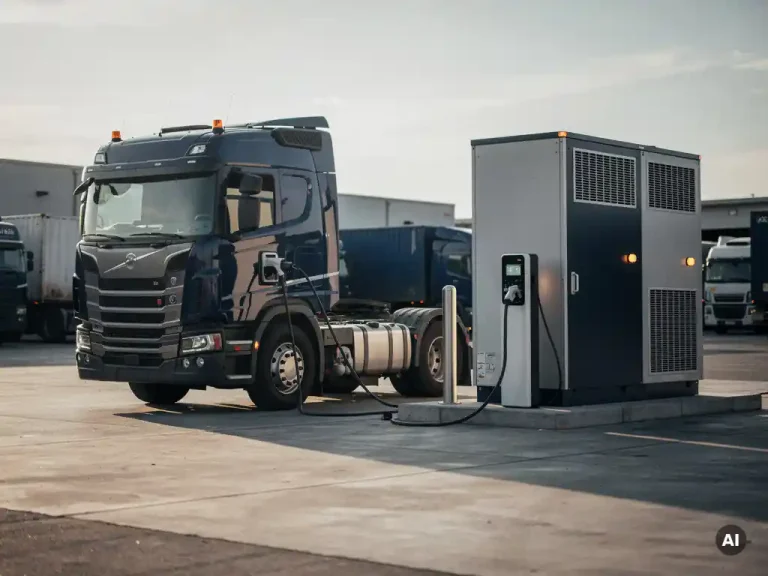 Elektrische vrachtwagen aangesloten op laadstation bij industrieel depot, met grote batterijopslag op betonnen terrein in middaglicht.
