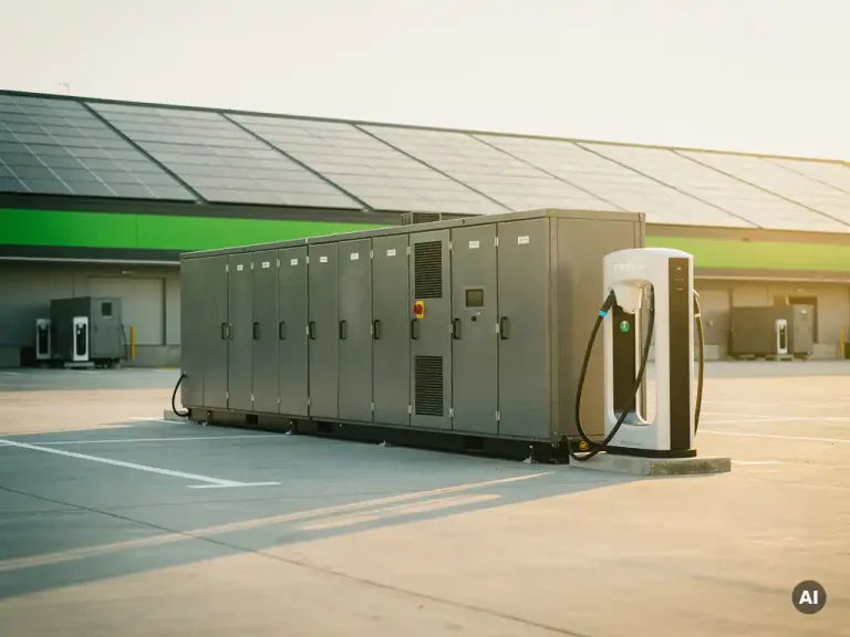 Industriële batterijopslag en EV-laadpaal op zonnig bedrijfsparkeerterrein met zonnepanelen op het magazijndak.