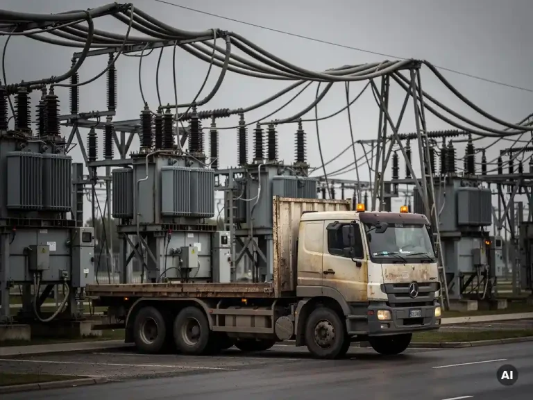 Stilstaande vrachtauto naast een industrieel elektriciteitsstation met belaste transformatoren en gespannen stroomkabels onder bewolkte lucht.