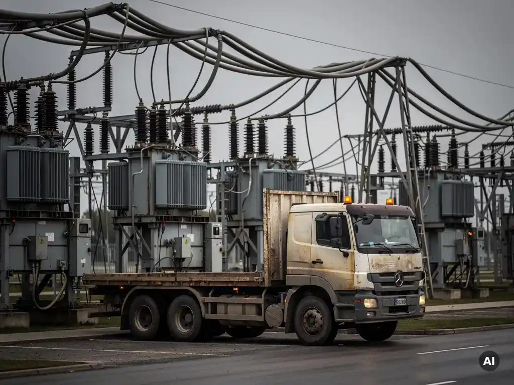 Stilstaande vrachtauto naast een industrieel elektriciteitsstation met belaste transformatoren en gespannen stroomkabels onder bewolkte lucht.
