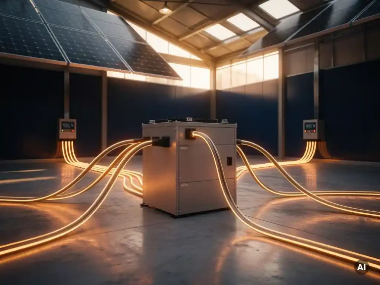 Industriële batterijopslag op betonnen vloer met gloeiende energiekabels naar zonnepanelen en netaansluitingen in warm amberkleurig licht.