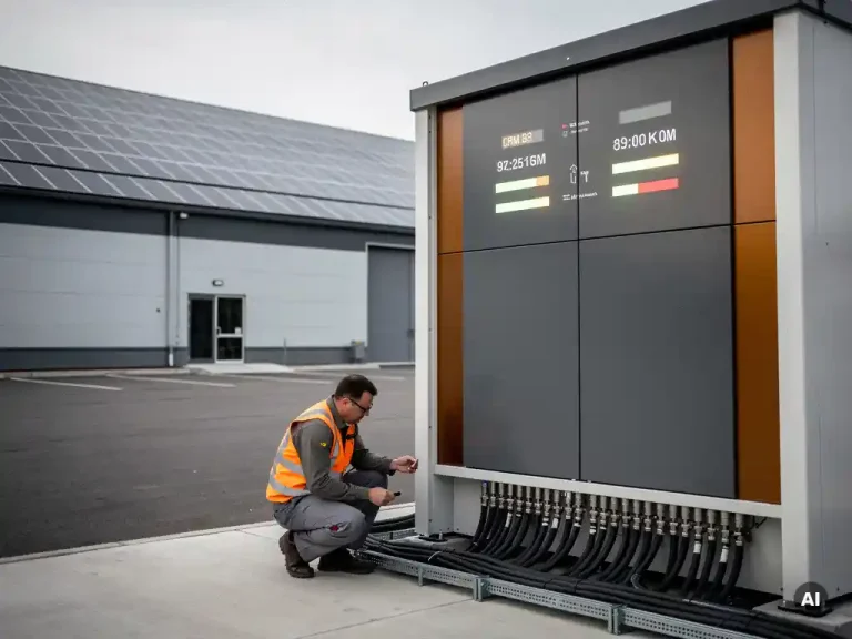 Technicus inspecteert kabels van industriële batterijopslag naast commercieel magazijn met zonnepanelen op het dak.