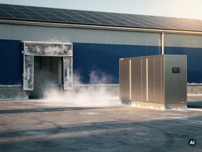 Industriële batterijopslag naast een koelopslagloods met licht openstaande geïsoleerde deuren, zonnepanelen op het dak en gouden middaglicht.