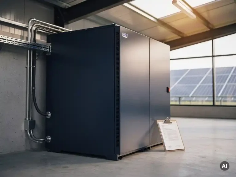 Industriële batterijopslag in Nederlands magazijn, met leasedocument en zonnepanelen zichtbaar op de achtergrond.
