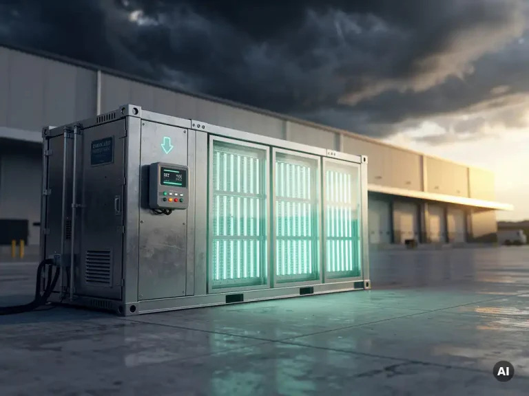Industriële batterijopslag naast een magazijn met dalende elektriciteitsmeter en dramatische wolkenlucht met gouden licht.