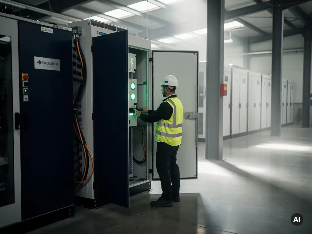 Technicus in veiligheidsvest controleert controlepaneel van industrieel batterijopslagsysteem met groene indicatielampjes in moderne magazijnhal.