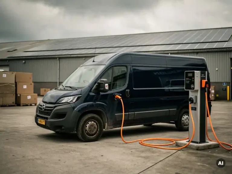 Elektrische bezorgbus aangesloten op commercieel laadstation in logistiek bedrijventerrein, oranje kabel, zonnepanelen op magazijndak.