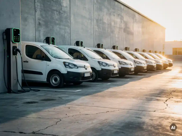 Witte elektrische bestelwagens opgeladen bij wandladers in een logistiek depot, badend in warm middaglicht.
