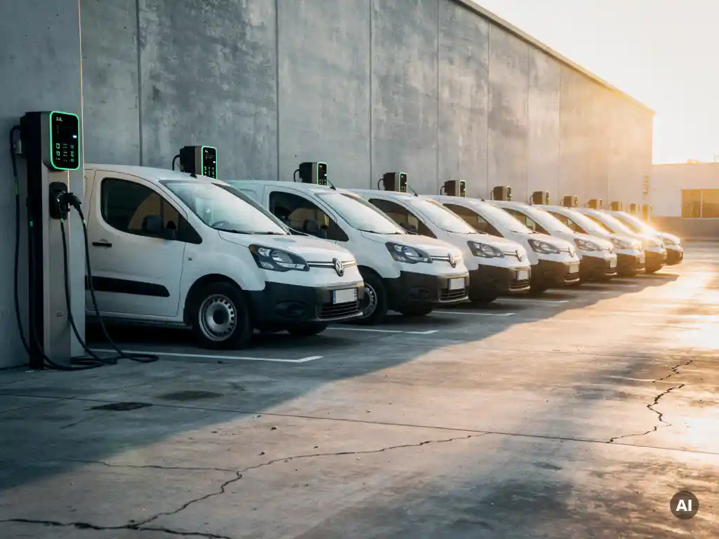 Witte elektrische bestelwagens opgeladen bij wandladers in een logistiek depot, badend in warm middaglicht.