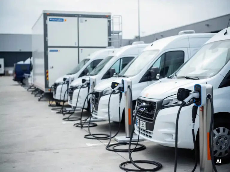 Witte elektrische bestelwagens opladen bij laadstations in een modern logistiek depot met een grote batterijopslag op de achtergrond.