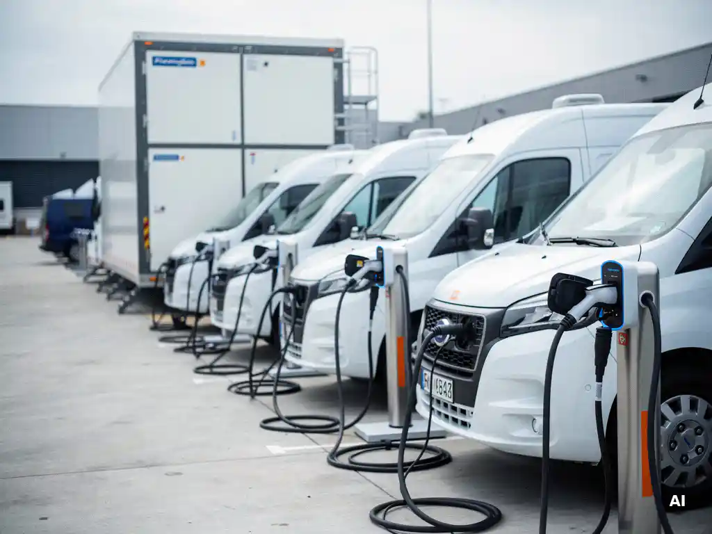 Witte elektrische bestelwagens opladen bij laadstations in een modern logistiek depot met een grote batterijopslag op de achtergrond.
