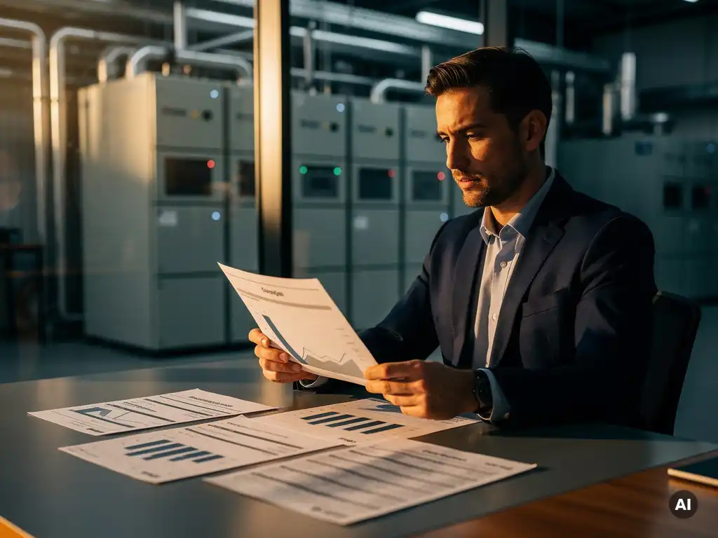 Zakenman analyseert energieverbruiksgrafieken en facturen op industrieel bureau, commerciële batterijopslag zichtbaar op achtergrond.