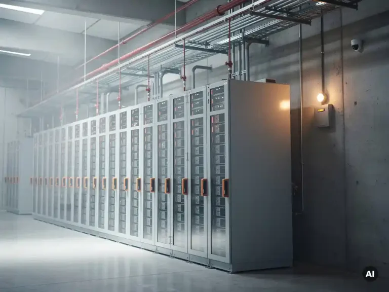 Grootschalig industrieel batterijopslagsysteem in een magazijn met sprinklerinstallatie en rookmelder aan betonnen wand.
