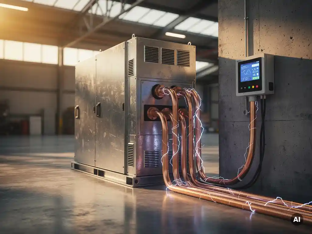 Industrieel batterijopslagsysteem op magazijnevloer met koperen kabelverbindingen en digitale energiemeter aan betonnen muur.