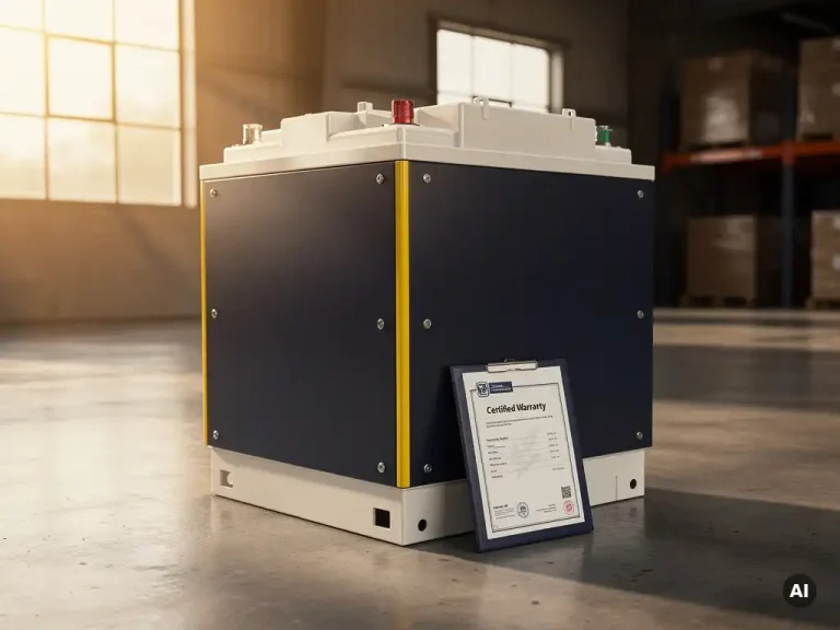 Industriële batterijopslag op betonnen vloer met garantiedocument, warm licht door fabrieksraam, navy en wit kleurenschema.