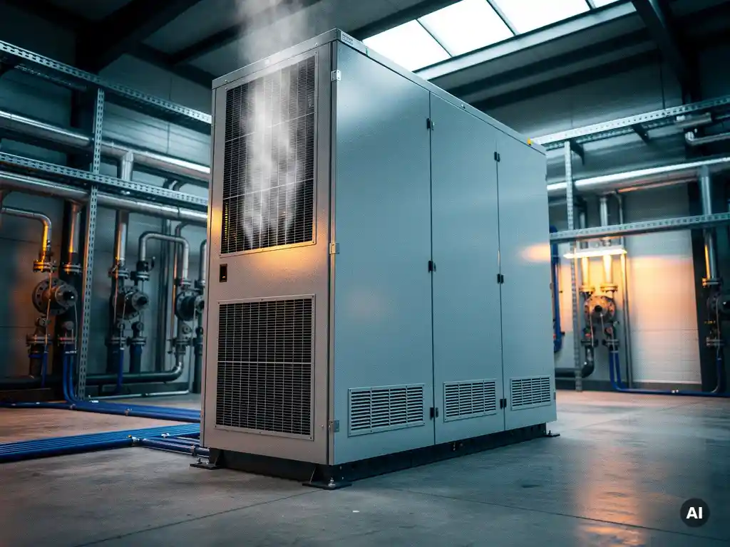 Industrieel batterijopslagsysteem met koelventielen en thermisch beheer in een moderne magazijnruimte.