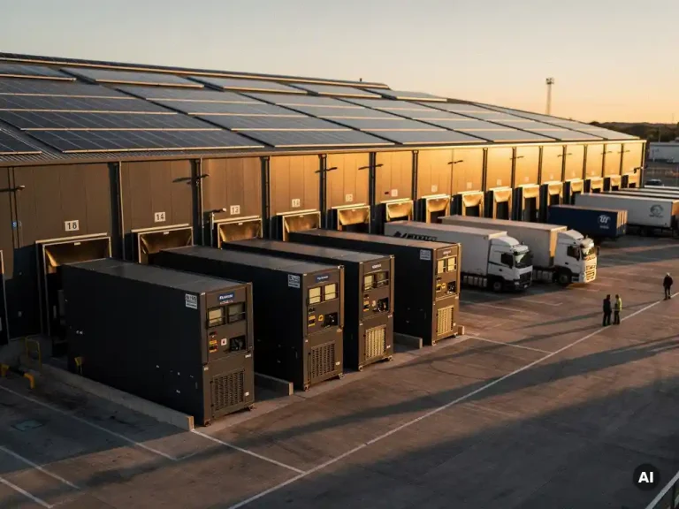 Industriële batterijopslag naast een logistiek depot met laaddocks, vrachtwagens en zonnepanelen op het magazijndak in middaglicht.