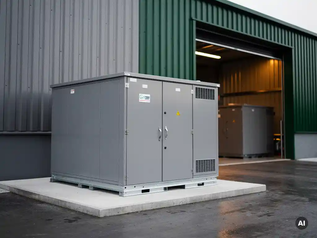 Industriële batterijopslag buiten een modern magazijn, met een tweede identieke unit zichtbaar in de laadruimte.