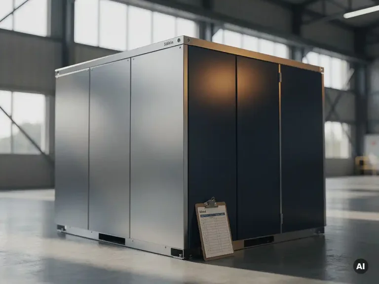 Industriële batterijopslag op betonnen vloer in moderne loods, met klembord en checklist ertegenaan, daglicht door hoge ramen.