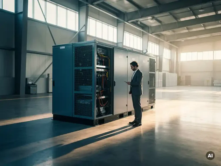 Bedrijfsprofessional inspecteert grote industriële batterijopslag in moderne magazijnfaciliteit met daglicht en stalen panelen.