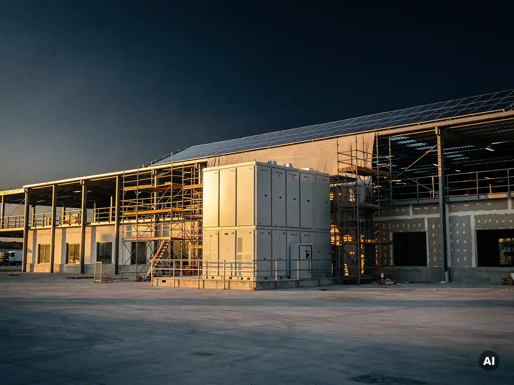 Industriële batterijopslag naast magazijn in aanbouw met zonnepanelen op dak, gefotografeerd in warm middaglicht op betonnen logistiek terrein.