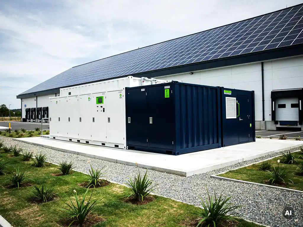 Industrieel batterijopslagsysteem op betonnen fundering naast modern magazijn met zonnepanelen op het dak.