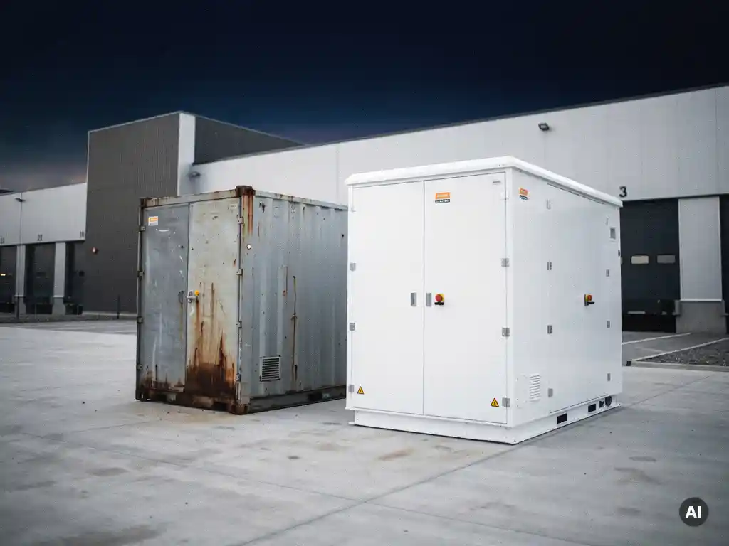 Verouderde industriële batterijopslag naast nieuw exemplaar bij Nederlands logistiek magazijn, roest en slijtage zichtbaar onder bewolkte lucht.