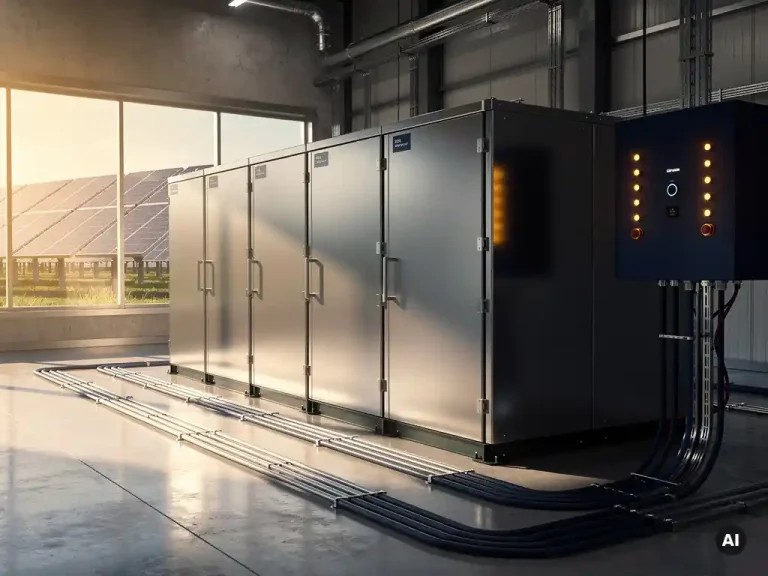 Industrieel batterijopslagsysteem met slim controlepaneel in commercieel magazijn, zonnepanelen zichtbaar op achtergrond.